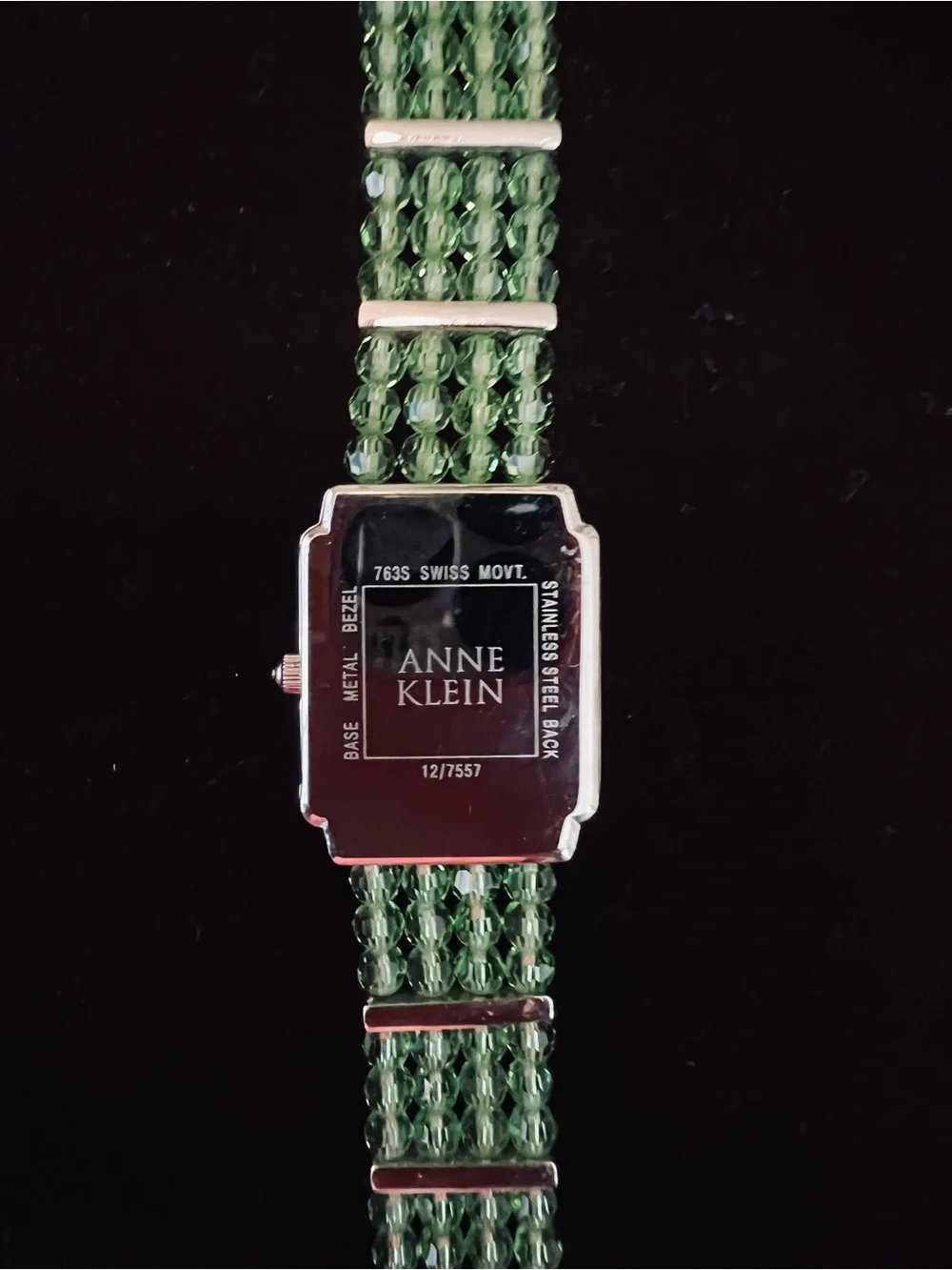 Anne Klein Silver Crystal-Trim Watch with Green Beaded Strap